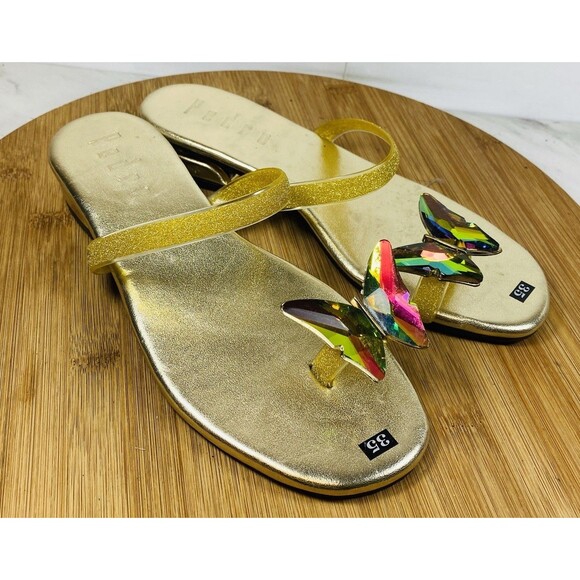 Pedro Gold Sandals With Multicolored Toe Glass Butterfly Size 5 - Picture 2 of 6